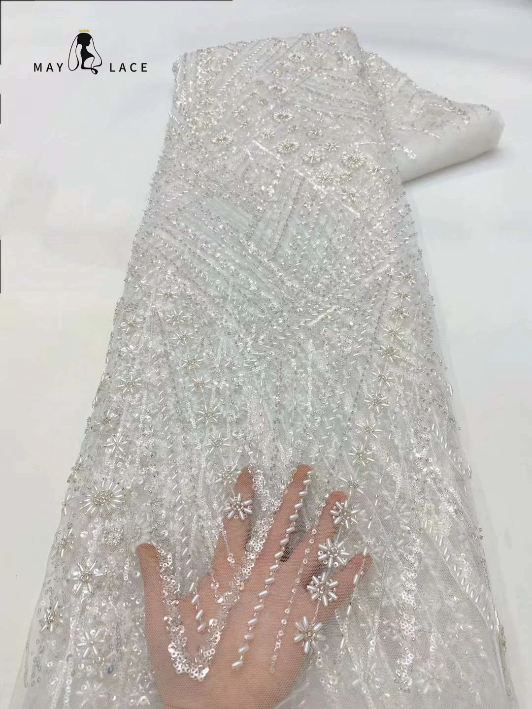 

African Sequins Tulle Lace Fabric 2024 High Quality Lace Beaded Embroidery 5 Yards Nigerian French Lace Fabric For Party Dress