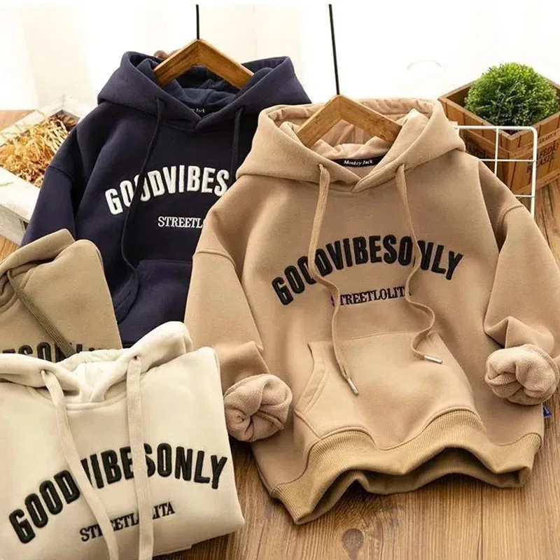 Autumn Winter Thicken Warm Hoodies Women Harajuku Letter Print Plus Velvet Sweatshirts Wild Pockets Hooded Pullovers