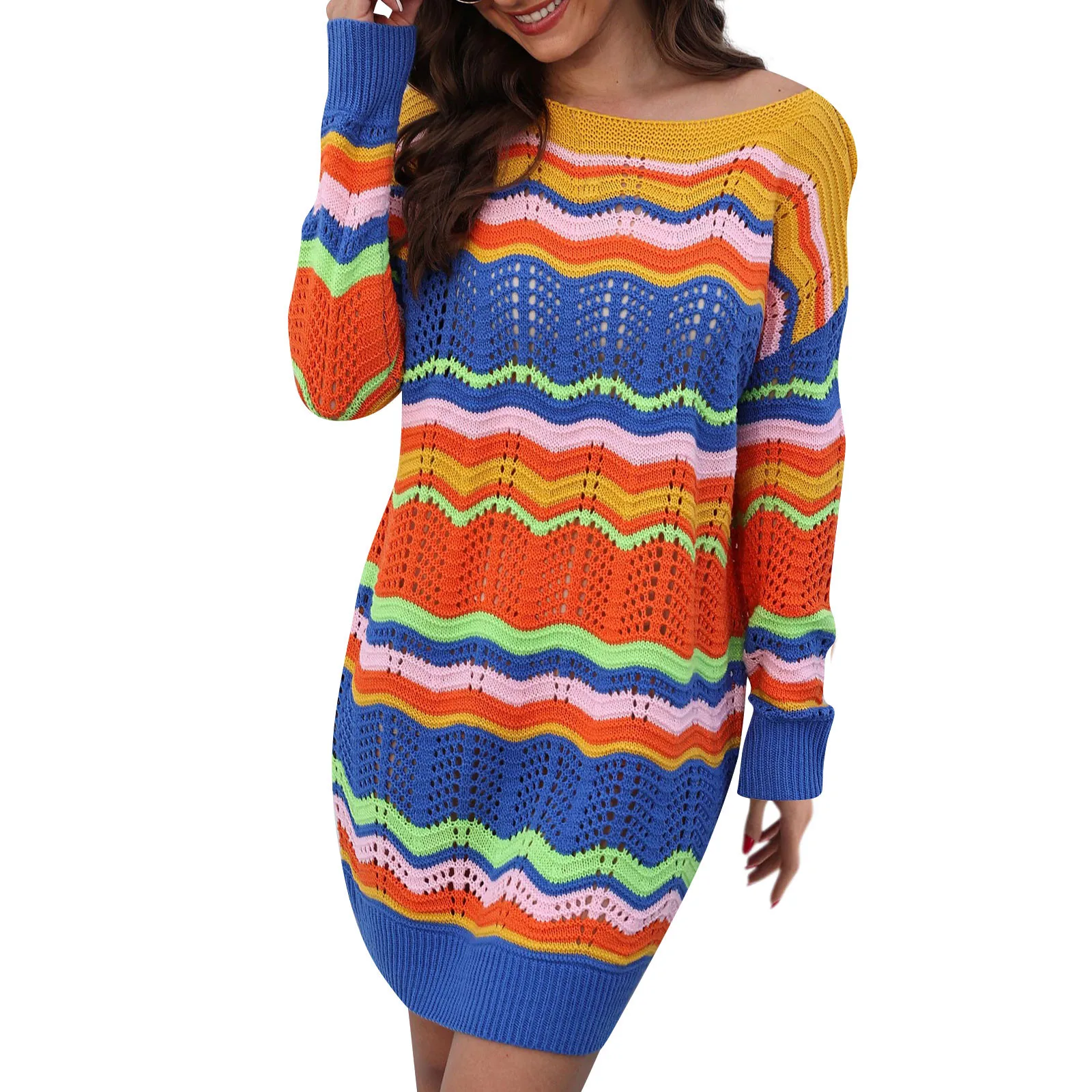 

Модный женский вязаный свитер с радужной текстурой, разноцветный пуловер средней длины в полоску в стиле пэчворк, осень/зима