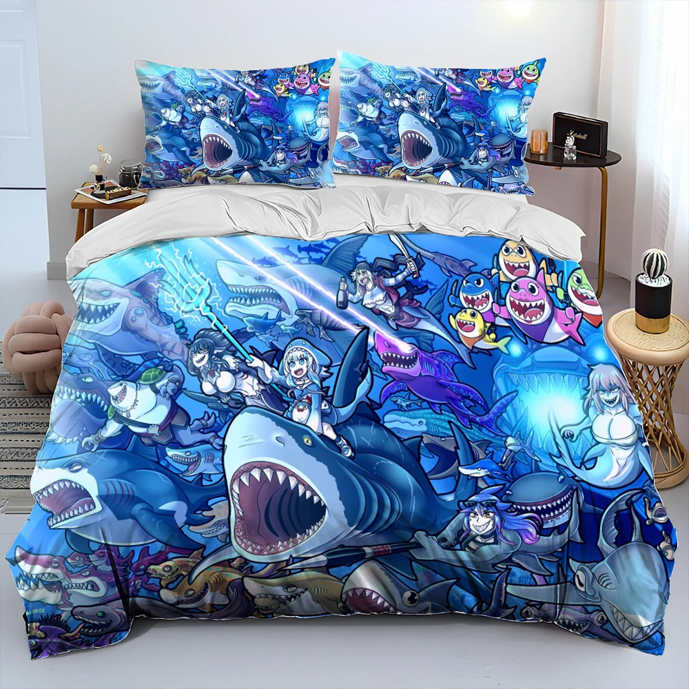 Cute Gawr Gura Holovive Anime Shark Comforter Bedding Set, Copripiumino Set Copripiumino Federa, King Queen Size Bedding Set