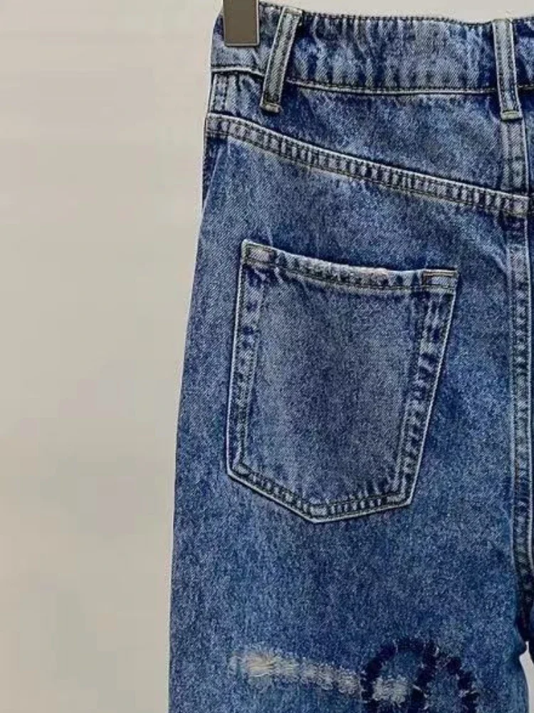 Streetwear Embroidery Loose Denim Pants for Women Fashion High Waist Wide Leg Pants Autumn 2022 Vintage Washed Blue Ripped Jeans 2