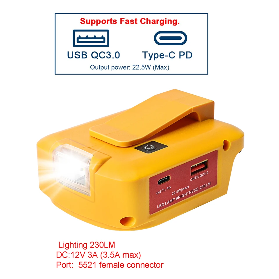 Adaptateur USB Pour Batterie Dewalt 18 V 20 V Avec Lumière