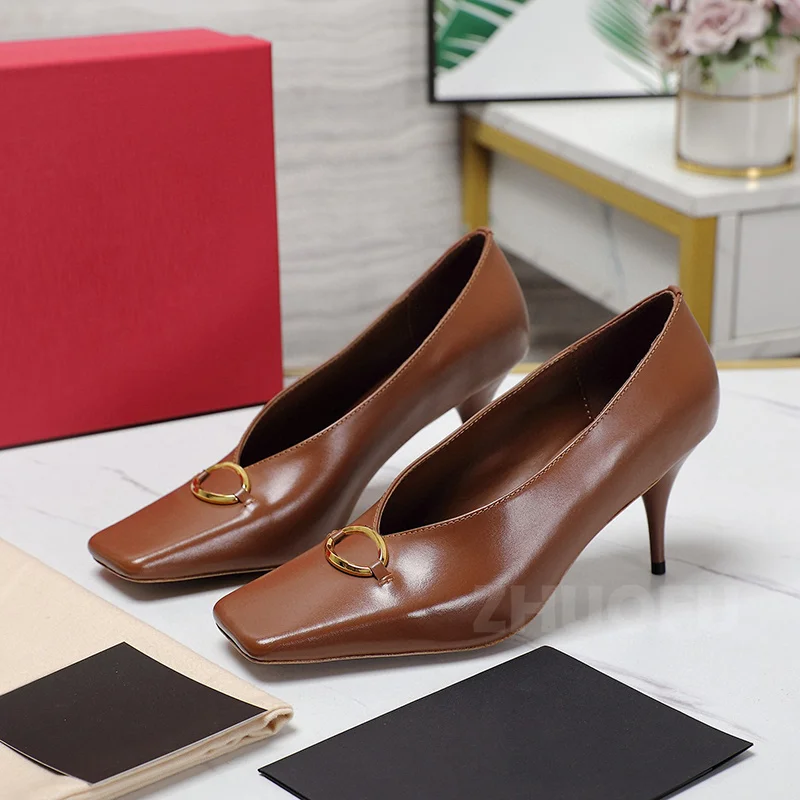 

Summer 2024 New Style Women Pumps Full Grain Leather Material Circular Metal Decor Slender Heel Lady Shoes Noble Luxury Pumps
