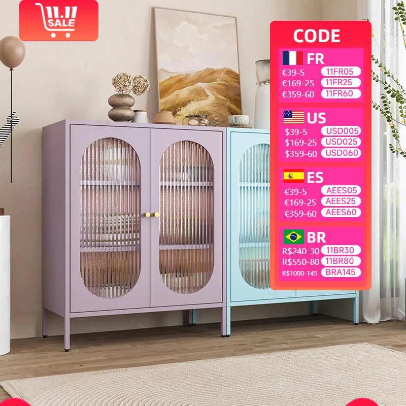 Stainless steel Steel Display Cabinet With Tempered Glass Doors Living room kitchen or dining room cutlery storage cabinet