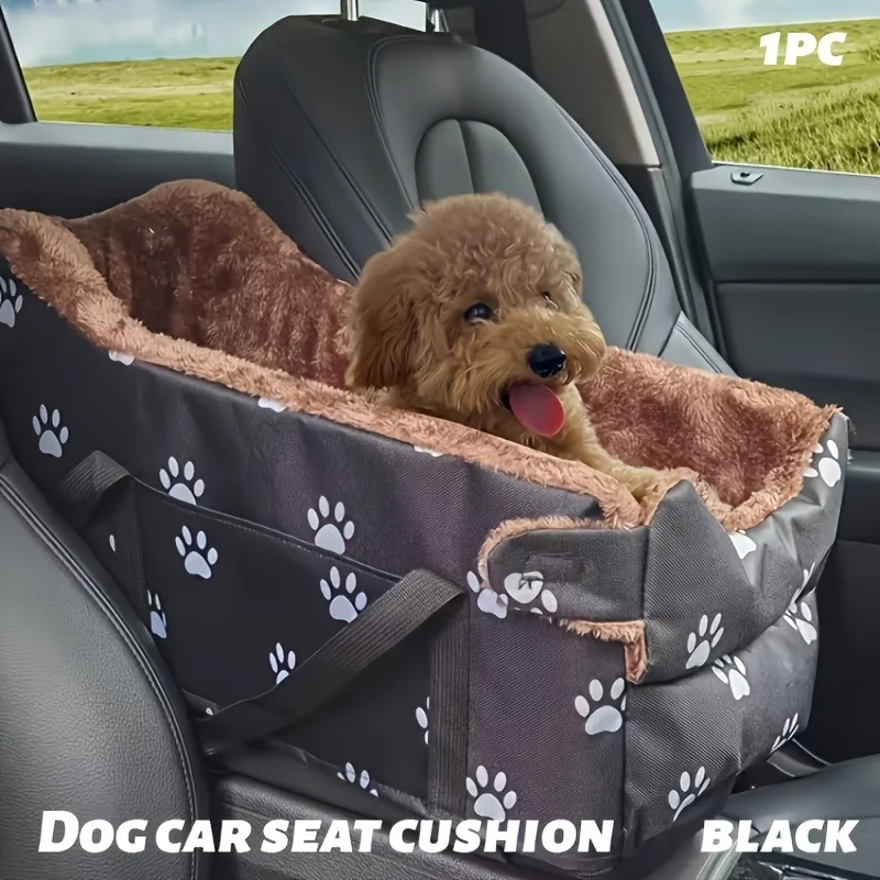 Black Fabric Dog Car Seat - Portable Pet Booster Basket with Paw Print Design, Equipped with Comfort Armrests and Headrest for S