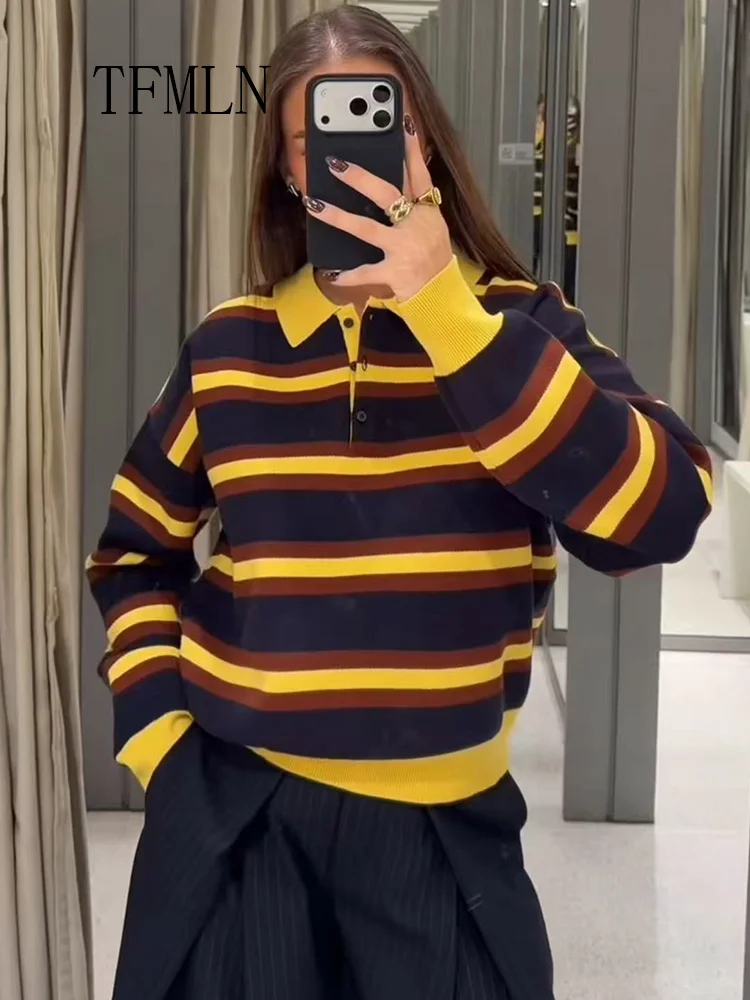 Simple 2025 Autumn Women Striped Knitted Sweaters Chic Causal Long Sleeve Pullover Tops Fashion Loose Polo Collar Knitwear