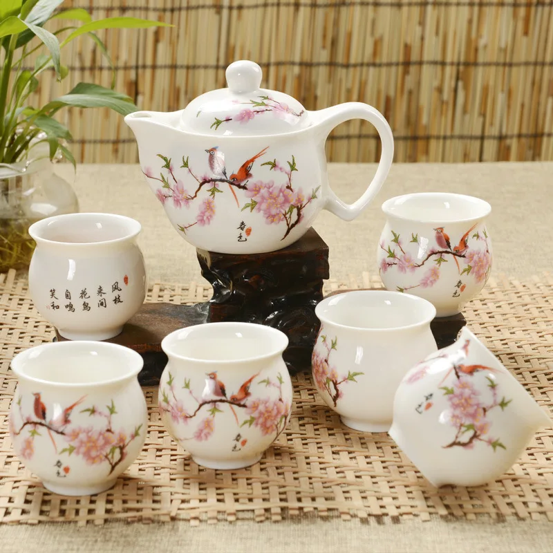 

Jingdezhen 7Pcs Tea Set Blue and White Porcelain Double Wall Cup Creative Flower Dragon Moutain Teapot Kung fu tea set Teaware