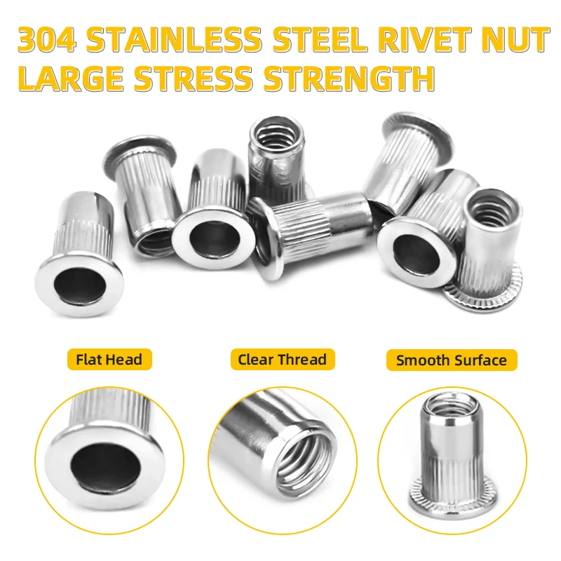 M3 M4 M5 M6 Pop Rivet Nut 304 Stainless Steel Metric Threaded Insert Nutsert Flat Head Rivnut with Bolt Screw Nut Assortment Kit