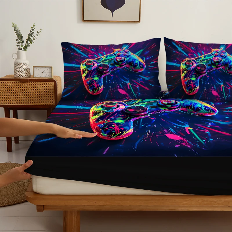 3PC Colorful Spark Game Console Bed Sheet, 1 fitted Sheet+2 Pillowcases, Digital Printing Technology, Available for All Seasons 6
