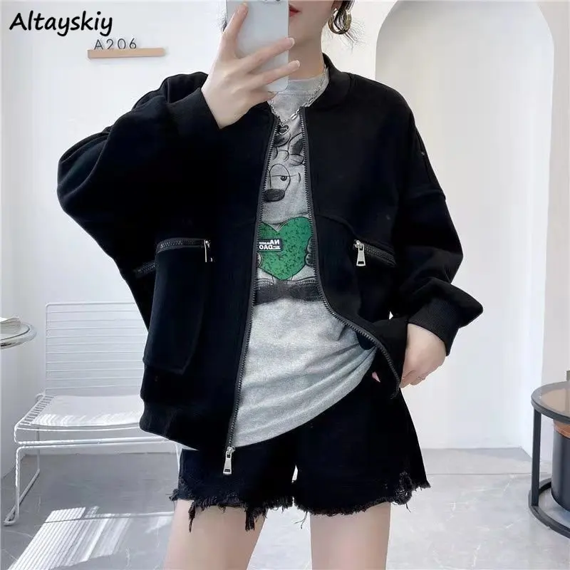 

Basic Jackets Women Ulzzang Chic All-match Baggy Simple Young Zipper Students Sporty Outerwear Fashion Girls BF Streetwear Solid