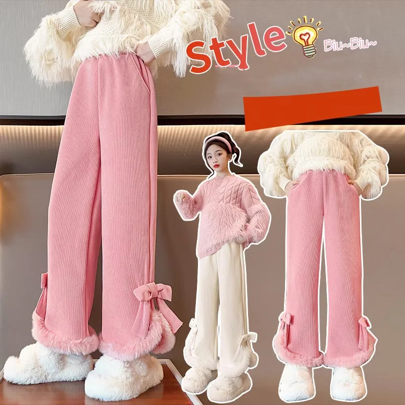 

Korean Winter School Girl Thicken Trousers Teenager Girl Plush Bow Straight Flared Pants Junior Girl Pink Cotton Pants Trousers