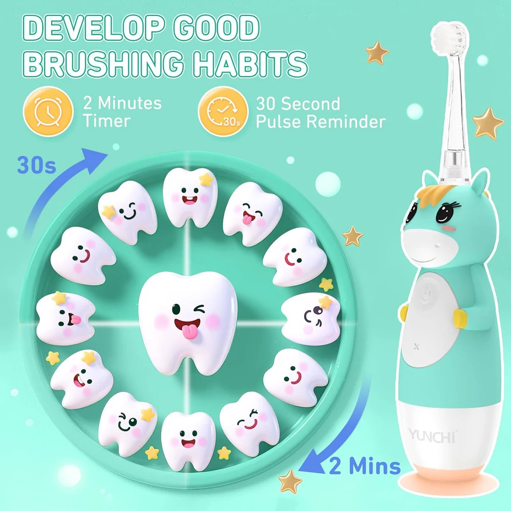 윤치 용 전동 칫솔 어린이용 전동 칫솔 컬러풀 LED 라이트 배터리 구동 9개의 브러시 헤드 포함