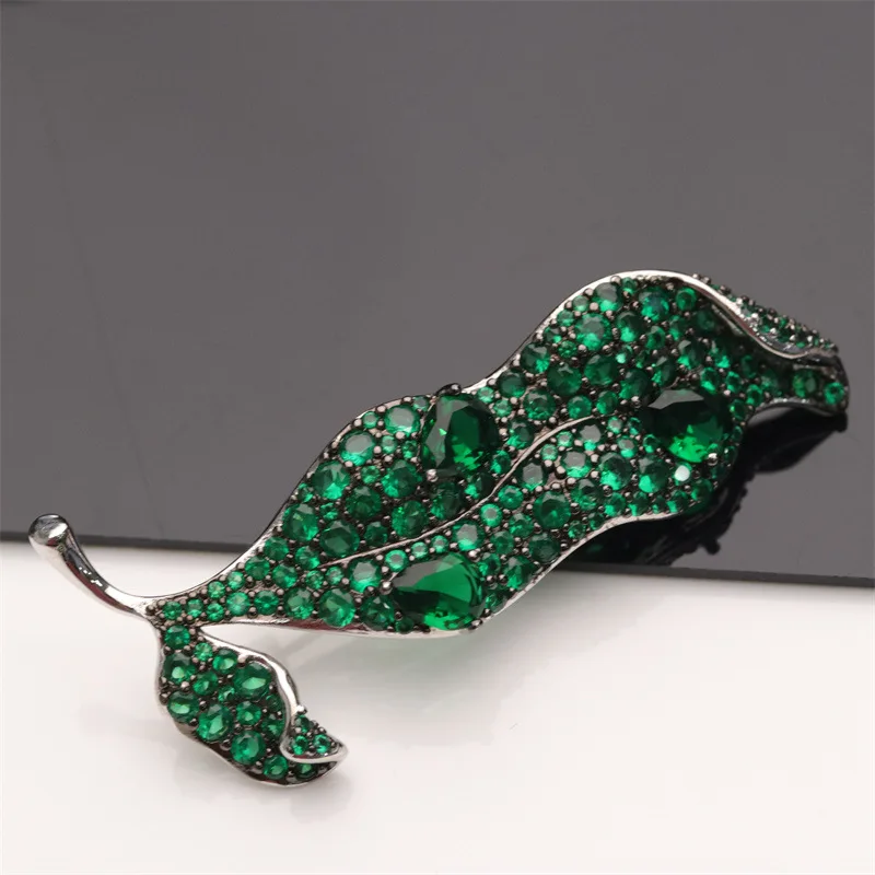Big Leaf Brooch 64x32MM Multi Color Cubic Zirconia Micro Pave Leaf Silver Color Plated Shape Brooch For Women