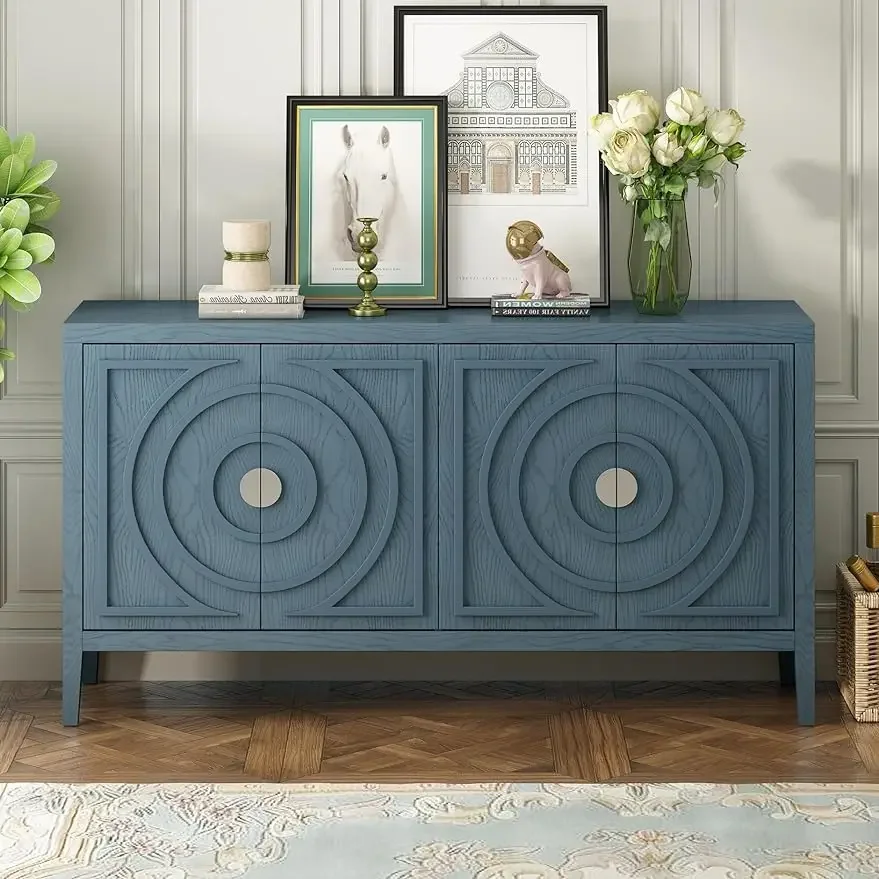 Buffet Sideboard with Circular Groove Design and Metal Door Handle,4-Door Retro Sideboard with Adjustable Shelf