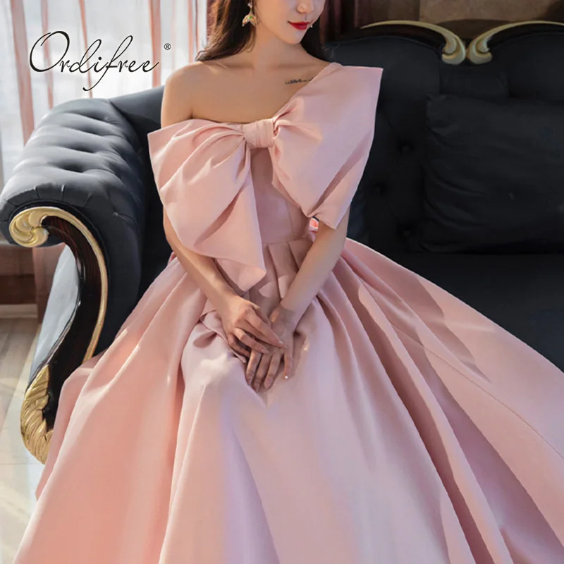 

Ordifree 2022 Summer Elegant Women Wedding Dress Off Shoulder Sleeveless Pink Red Bow Birthday Evening Dress