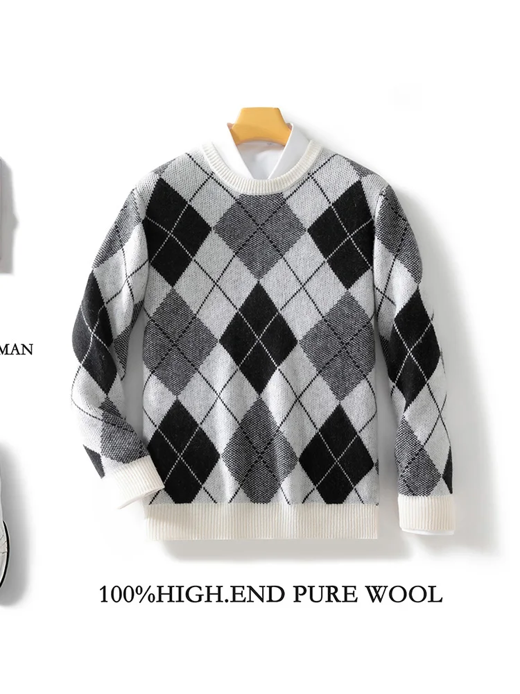 Men Classical Rhombus Knit Sweater Autumn Winter Thick O-neck Long Sleeve Pullover 100% Merino Wool Knitwear Smart Casual Cloth 2