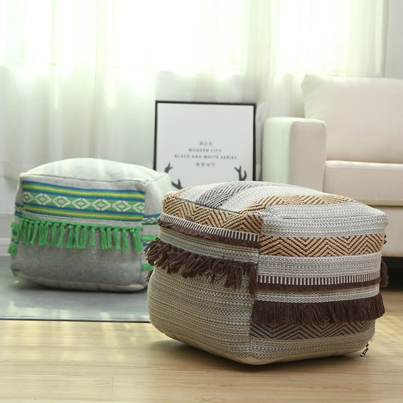 Square Multi-Pattern Moroccan Cotton And Linen Footstool With Tassel Pouffe Ottoman Pouf Cover Vintage Handmade Unstuffed