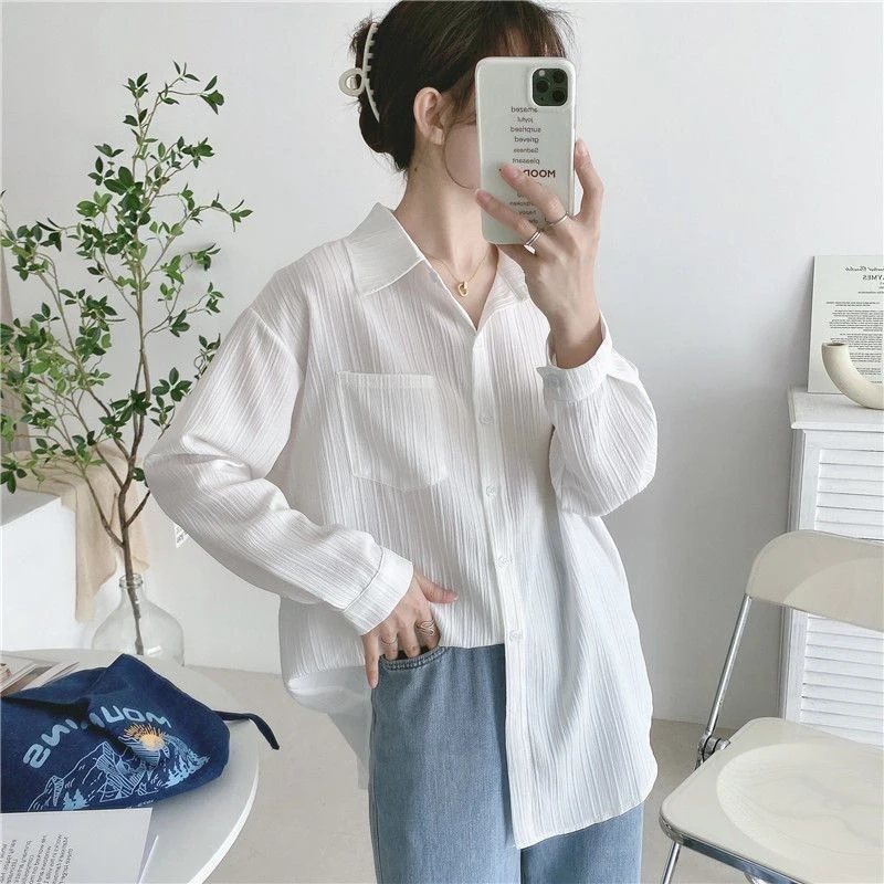 Summer Fashion Solid Color Sunscreen Long Sleeve Shirt Ladies Simple All-match Loose Casual Buttons Top Women Cardigans Blouse