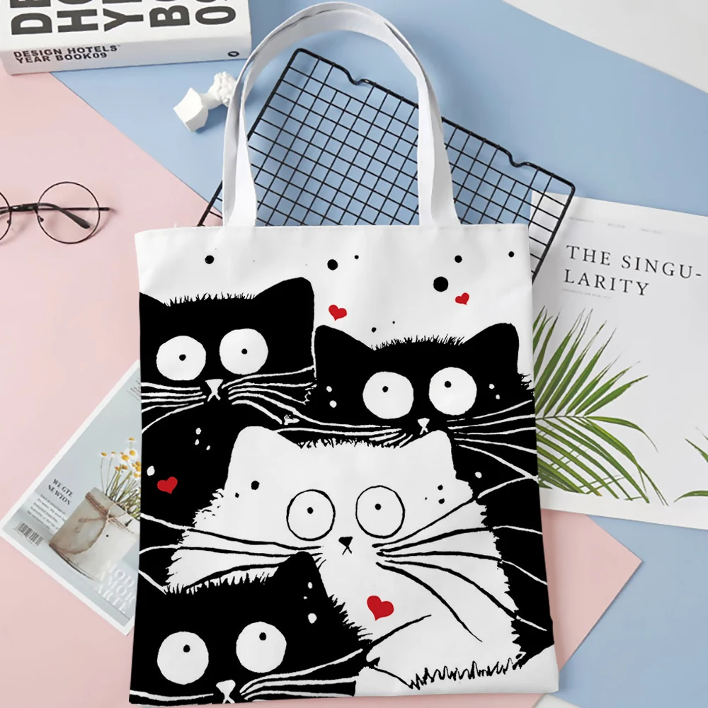 Andeiltech Canvas Tote Bag For Women – Cute Cat Design, Inner Zipper Pocket, 14.9x15.7 Inch Reusable Shopping Bag