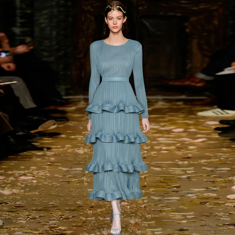 

Fall Women's Dresses For Party 2022 Runway Autumn Luxurious folds O-neck Long Sleeves Ruffles Belt Solid Elasticity maxi Dress