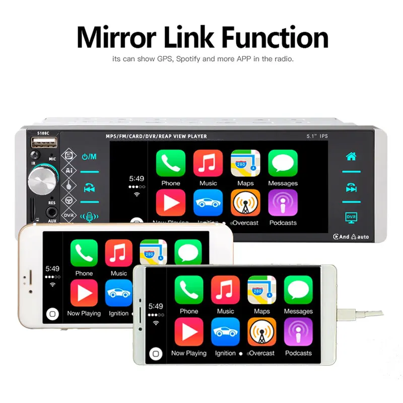 PolarLander Car Multimedia Player 1 Din 5.1 Inches MP5 Touch ​Screen 5188 Carplay Android Auto Mirrorlink RDS AM FM 3-USB