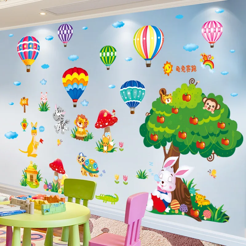 

Turtle Rabbit Trees Animals Wall Stickers DIY Hot Air Balloons Wall Decals for Kids Rooms Baby Bedroom Nursery Home Decoration