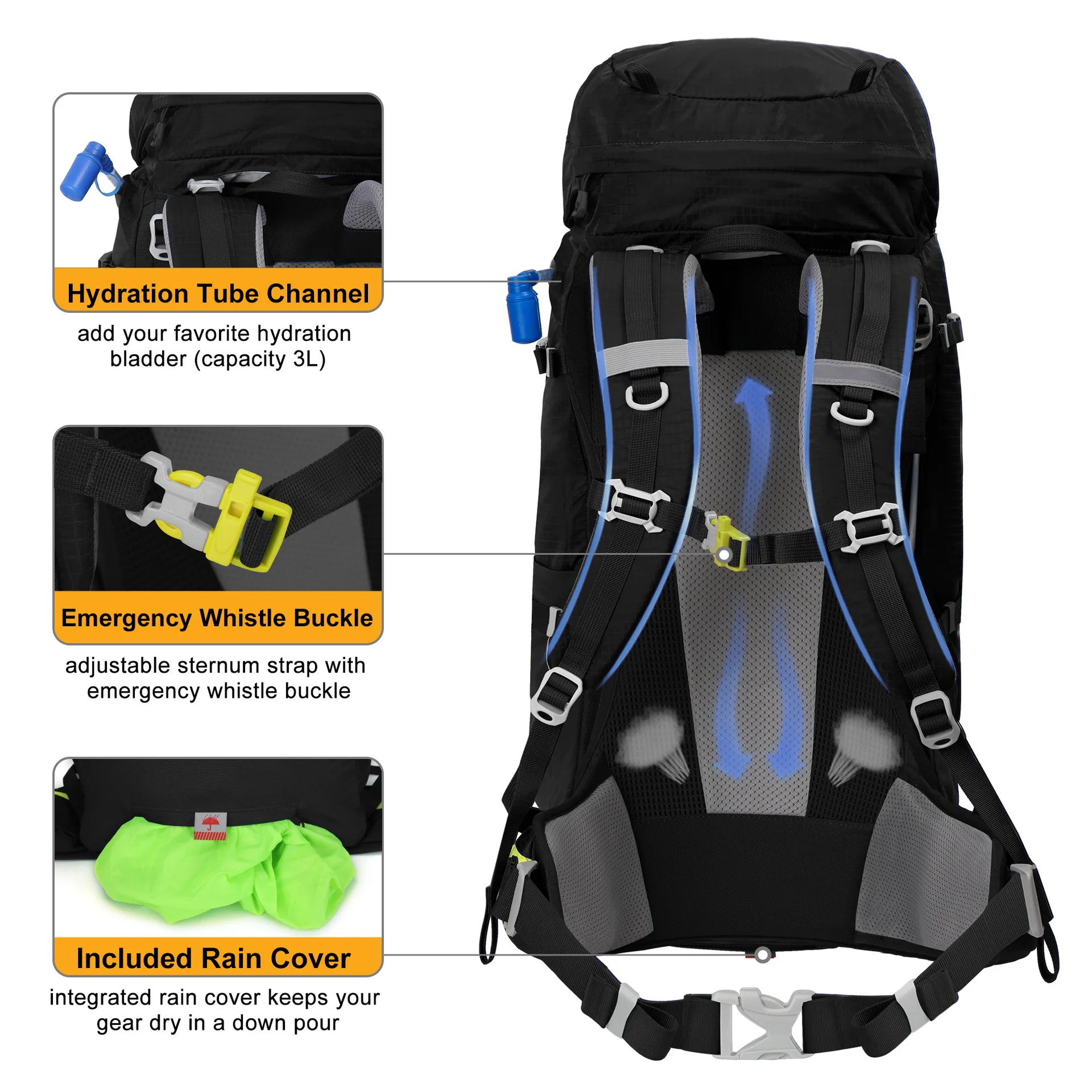 Nevo Rhino 60+5 Liters Hiking Backpack With Rain Cover (8984) Black