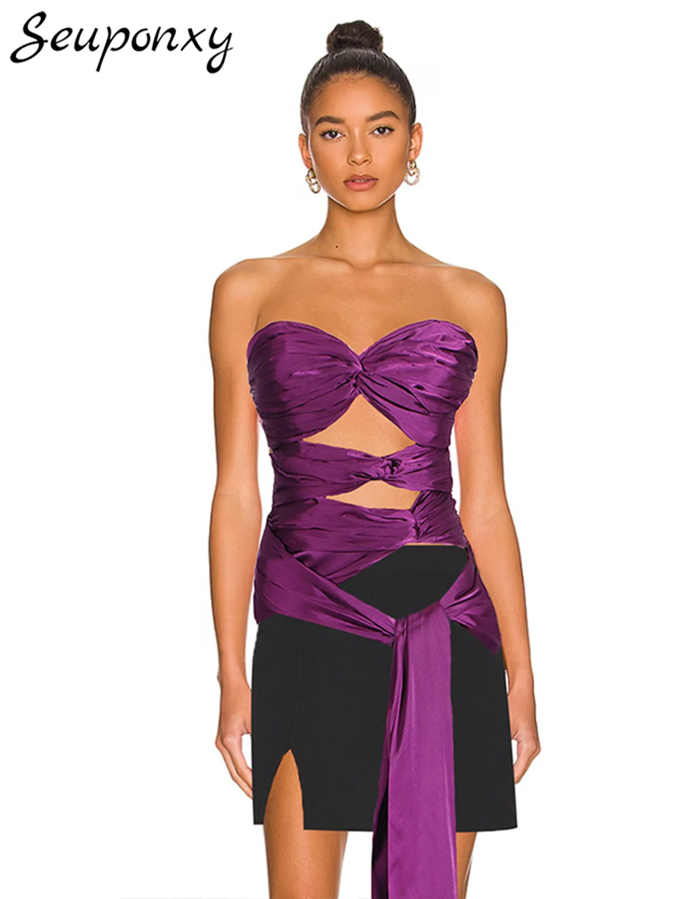 

High Quality 2024 New Summer Women'S High-Quality Purple Top Sexy Strapless Hollowed Out Fashion Draped Celebrity Party Vest