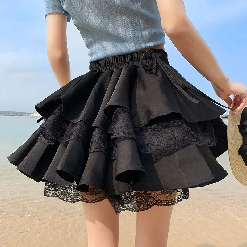 Cute Pleated Pink White Checked Women High-Waist Short Skirt with Lace &  Shorts