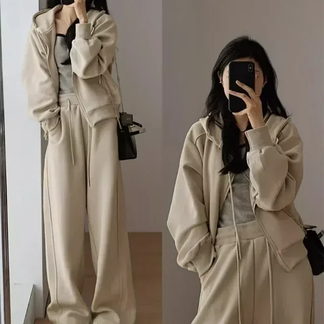 Automne décontracté sweats femmes ample à manches longues fermeture éclair sweats à capuche veste taille pantalon de sport 2 pièces ensemble survêtements 1