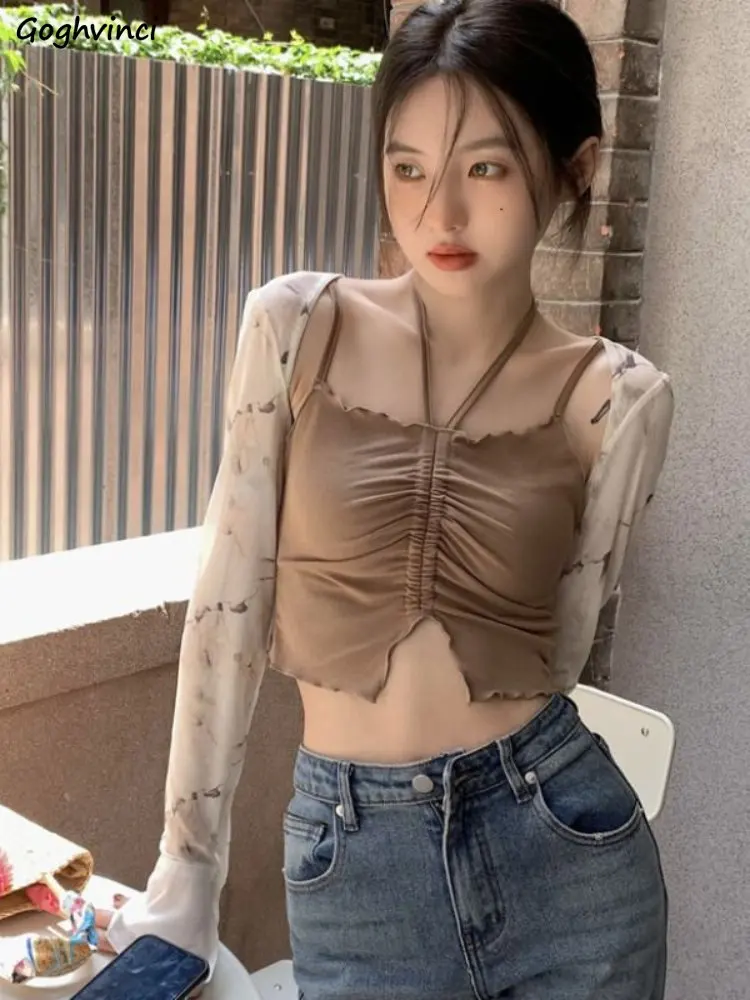 

Summer 2pcs Sets Women Cropped Sun-proof Shrug Vintage Simple Slim Shirring Design Camisole Sexy Ins Streetwear Trendy Outfits