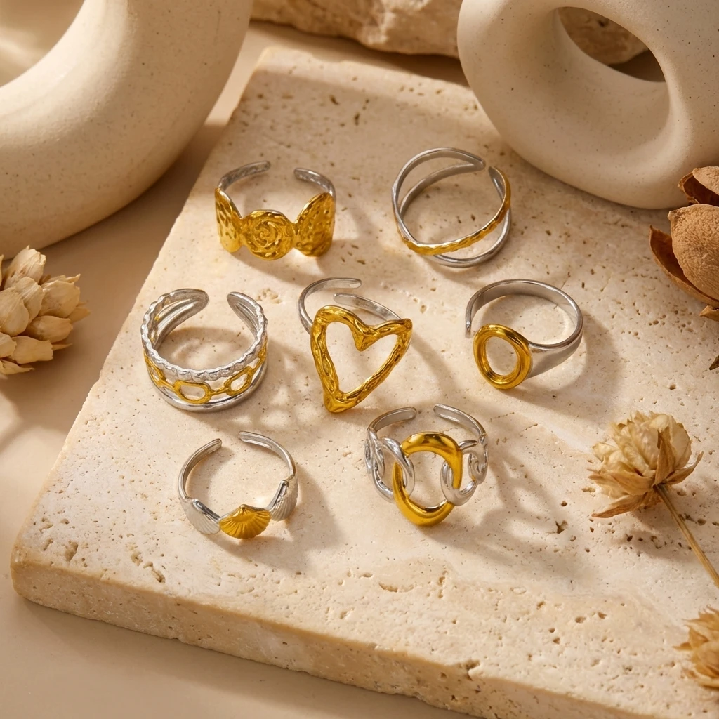 7-teiliges Set klobiger geometrischer Herz-Muschelringe für Damen, Edelstahl, zweifarbig, stapelbar, Y2K, trendiger Statement-Knöchelschmuck – Detail 4