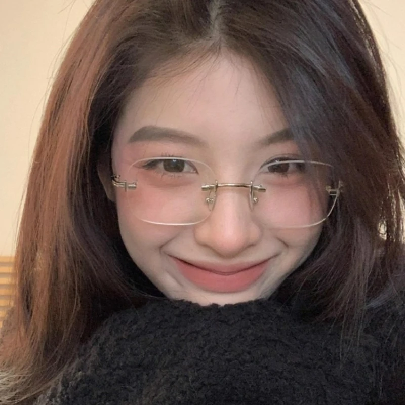 Fashion Women Transparent Square Rimless Shades Glasses Vintage Sturdy AC Lens Spectacles Unisex Decorative Metal Frame Eyewear