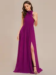 Elegant Evening Dresses Halter Neckline Sleeveless Handmade pleats 2024 BAZIIINGAAA of Chiffon Fuchsia Bridesmaid dress