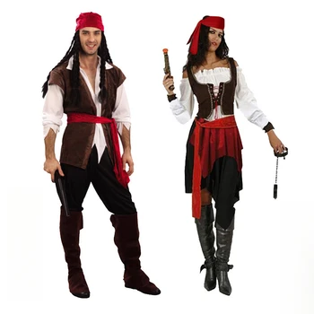 Costumi da Pirata per Donne Uomini Adulti Halloween Costume da Capitano Jack Sparrow Pirati dei Caraibi Set di Abbigliamento Cosplay