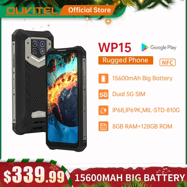 Oukitel Teléfono smrtphone resistente modelo WP15, móvil con ocho núcleos, Android 11, pntll 6,5" HD+, 15600 mAh, 8GB + 128 GB, 48 MP, MT6833, NFC|Teléfonos móviles|  