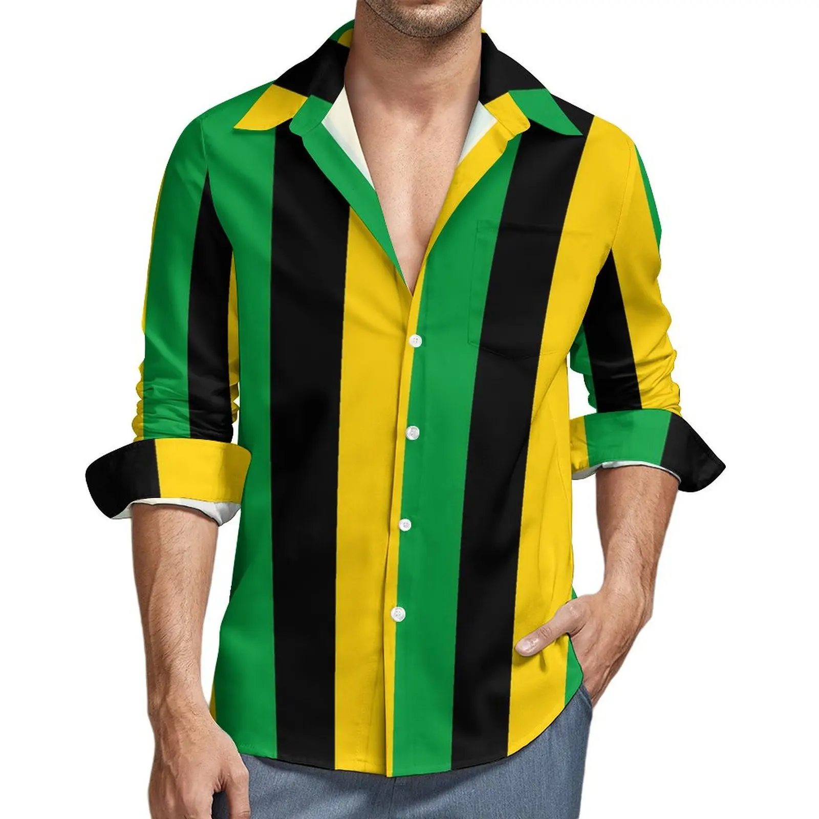 

Jamaica National Flag Colors Vertical Striped Leggings Casual Shirt Men Harajuku Shirt Autumn Elegant Blouse Oversized Clothing