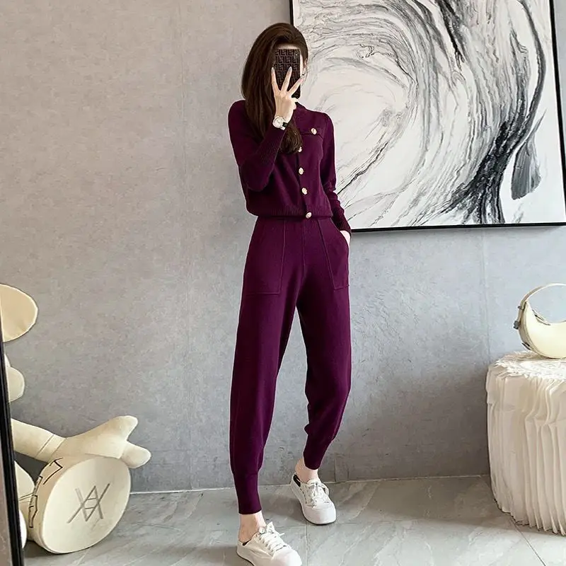Xiaoxiangfeng Knitting Outfits Women's Spring Autumn Fashion Elegant Cardigan Sweater Tie Feet Casual Pants Two Piece Set