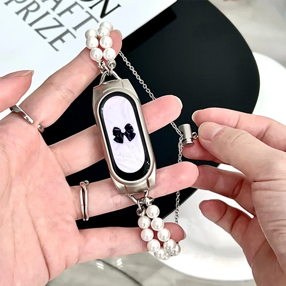 

For Xiaomi Mi Band 8 7 6 5 Strap Fashion Luxury Dual Pearl Chain Bracelet Miband 8 Stainless Steel Replacement Wristband Correa