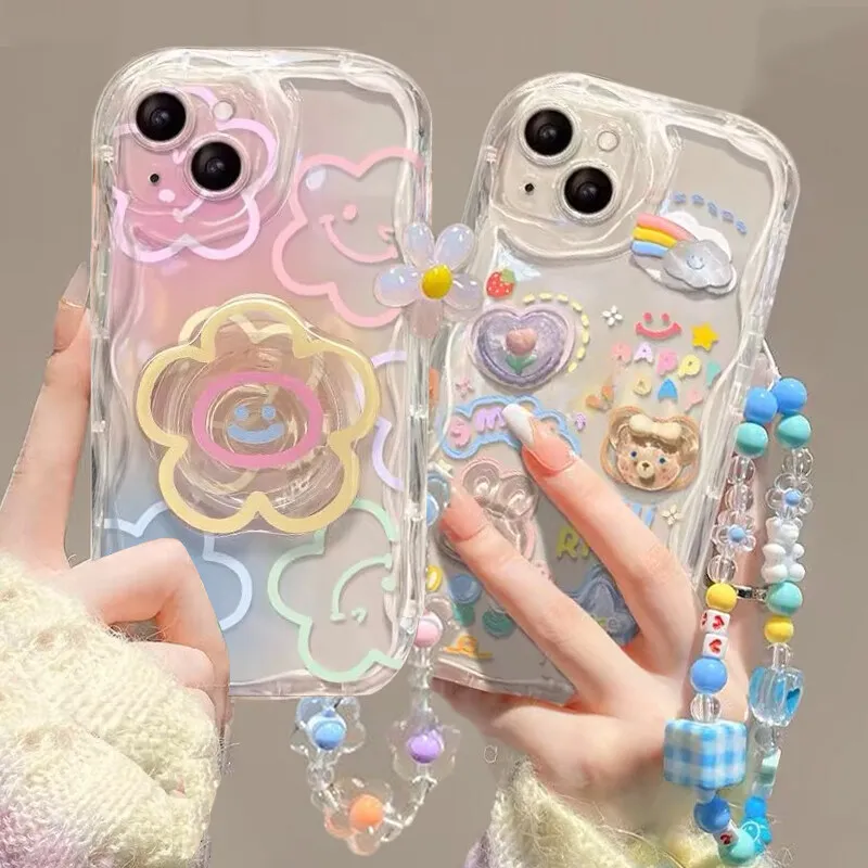 Charming 3D Bear & Flower Chain Lanyard Clear Soft Phone Case