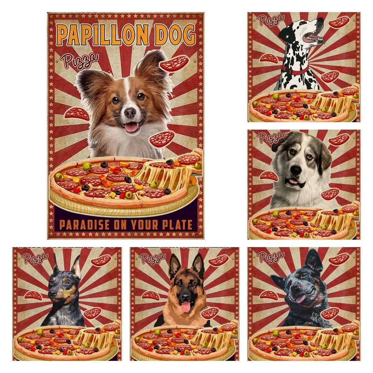 Papillon Dog Pizza Paradise On Your Plate Tin Sign Cafe Bar Garden Home Bagno Art Decoration Funny Metal Sign 8X12 Pollici