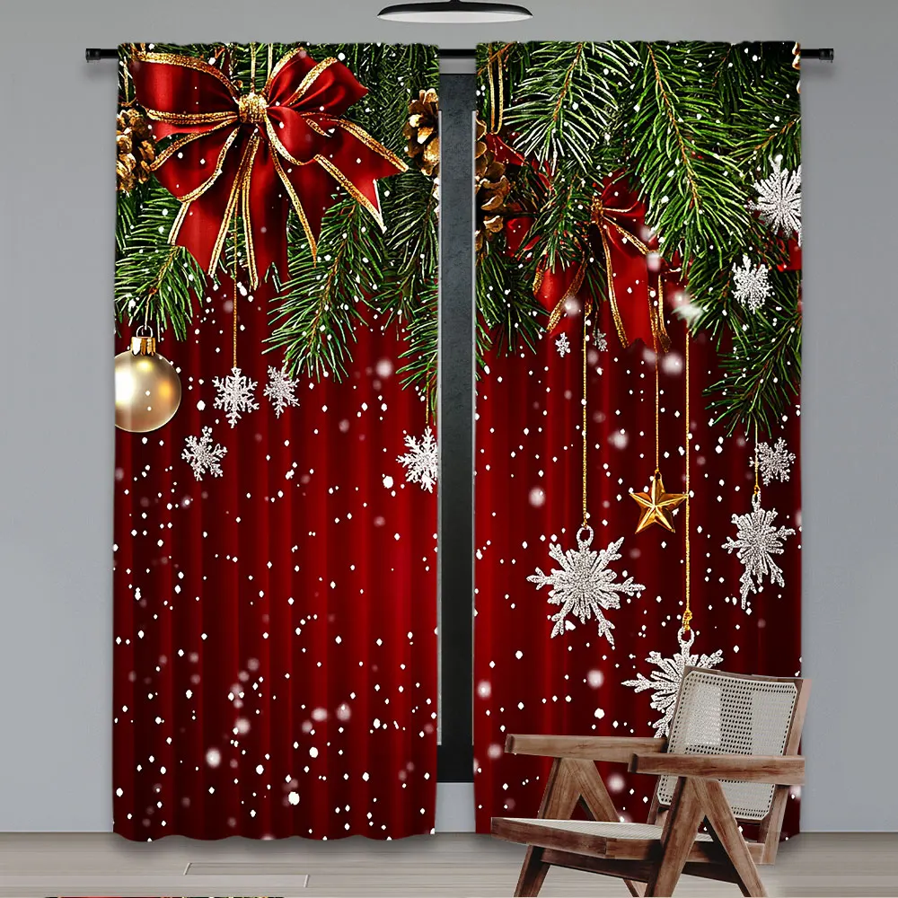 2Pcs Christmas Curtains Classical Pine Tree Snowflakes Red Green Xmas Room Suitable For Living Room Bedroom Kitchen And Bathroom 5