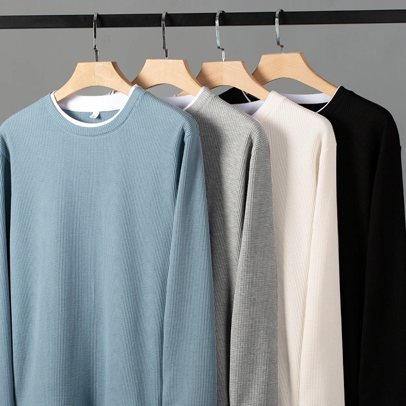 

Waffle Round Neck Men's Clothing Sweatshirts Korean Clothing Autumn Male Pullovers Solid Brand Clothes for Men Hoodies 3XL