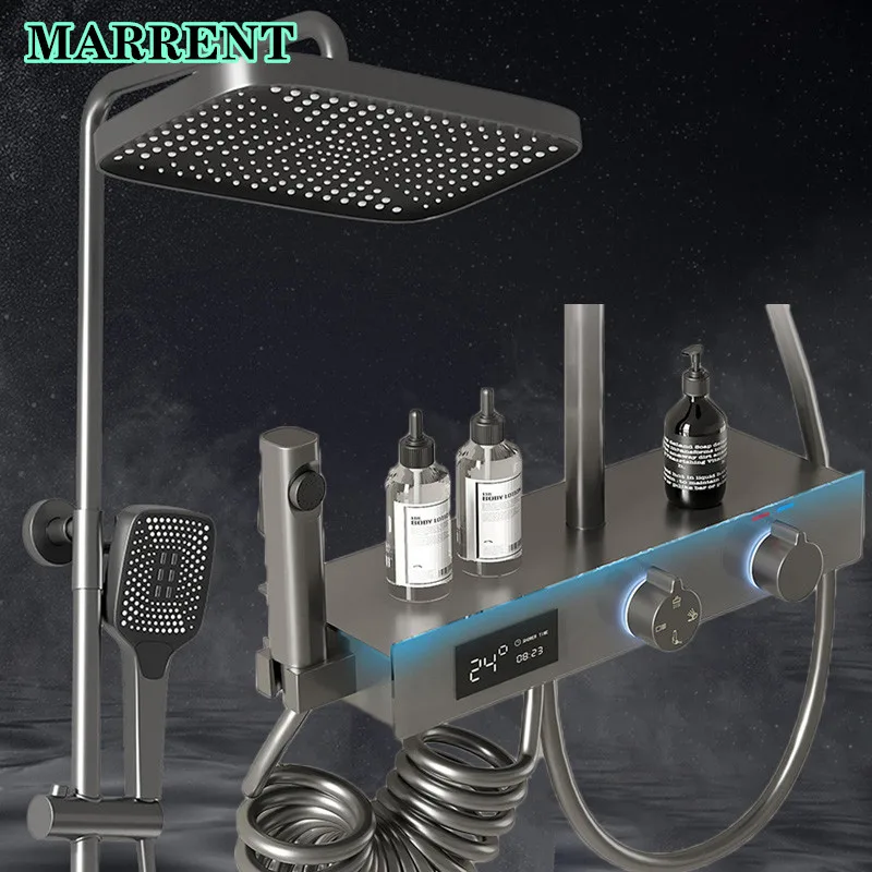 

Hot Cold Digital Shower Set Quality Brass Bathroom Mixer Faucets Hot Cold Water Tap Luxury Grey Thermostatic Bath Shower System