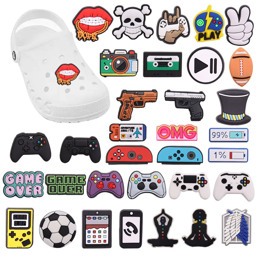 

Wholesale 50pcs PVC Shoe Charms Camera Rugby Game Controller Football Accessories Shoe Buckles Fit Croc Jibz Kids X-mas Gift