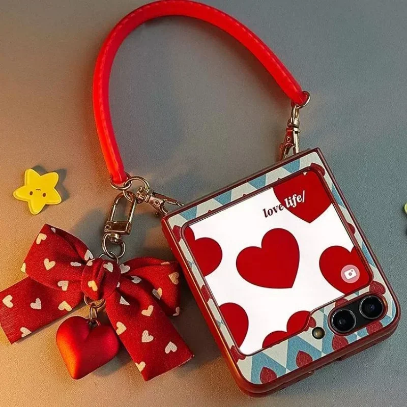 Retro Heart Case with Lovely Bow Wrist Strap - Luxury PU Leather Phone Cover