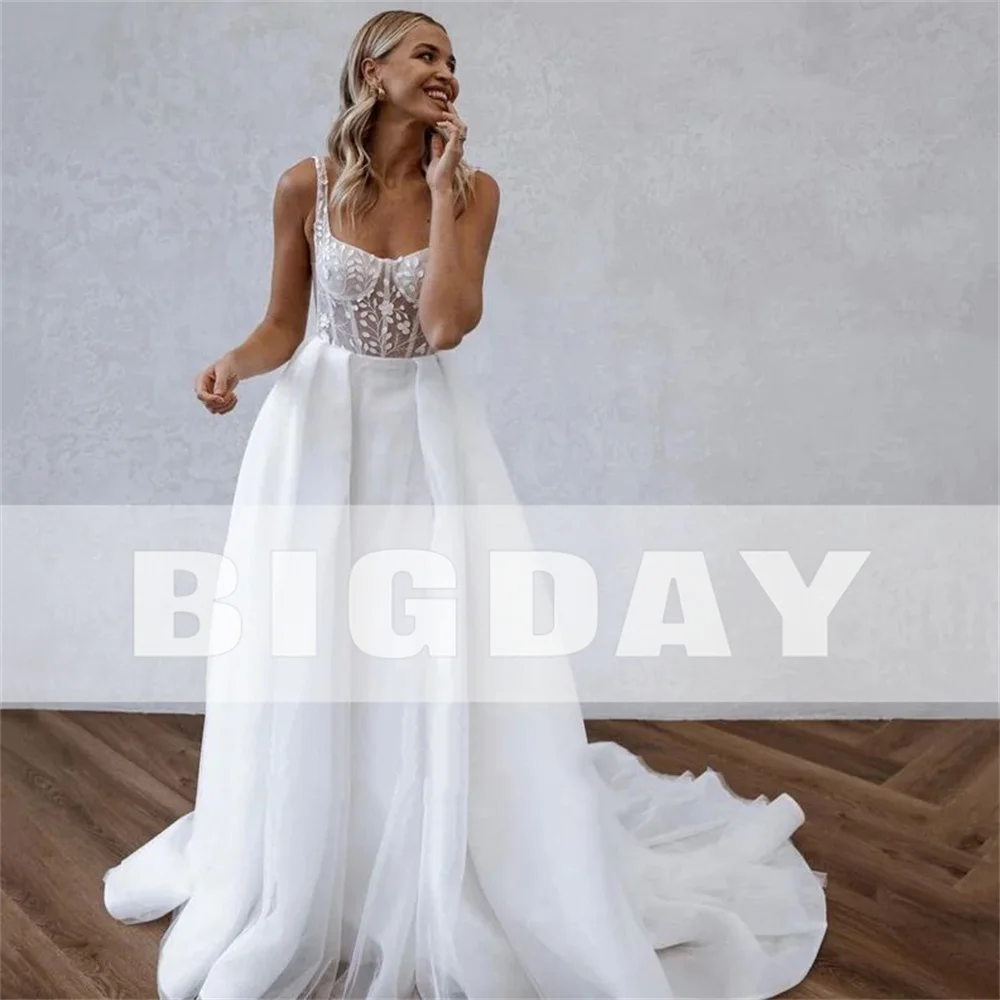 A-Line Wedding Dress Women Lace Open Back Square Collar Spaghetti Straps Split Bridal Gown Train Vestidos De Noiva Customized 3