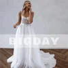 A-Line Wedding Dress Women Lace Open Back Square Collar Spaghetti Straps Split Bridal Gown Train Vestidos De Noiva Customized 3