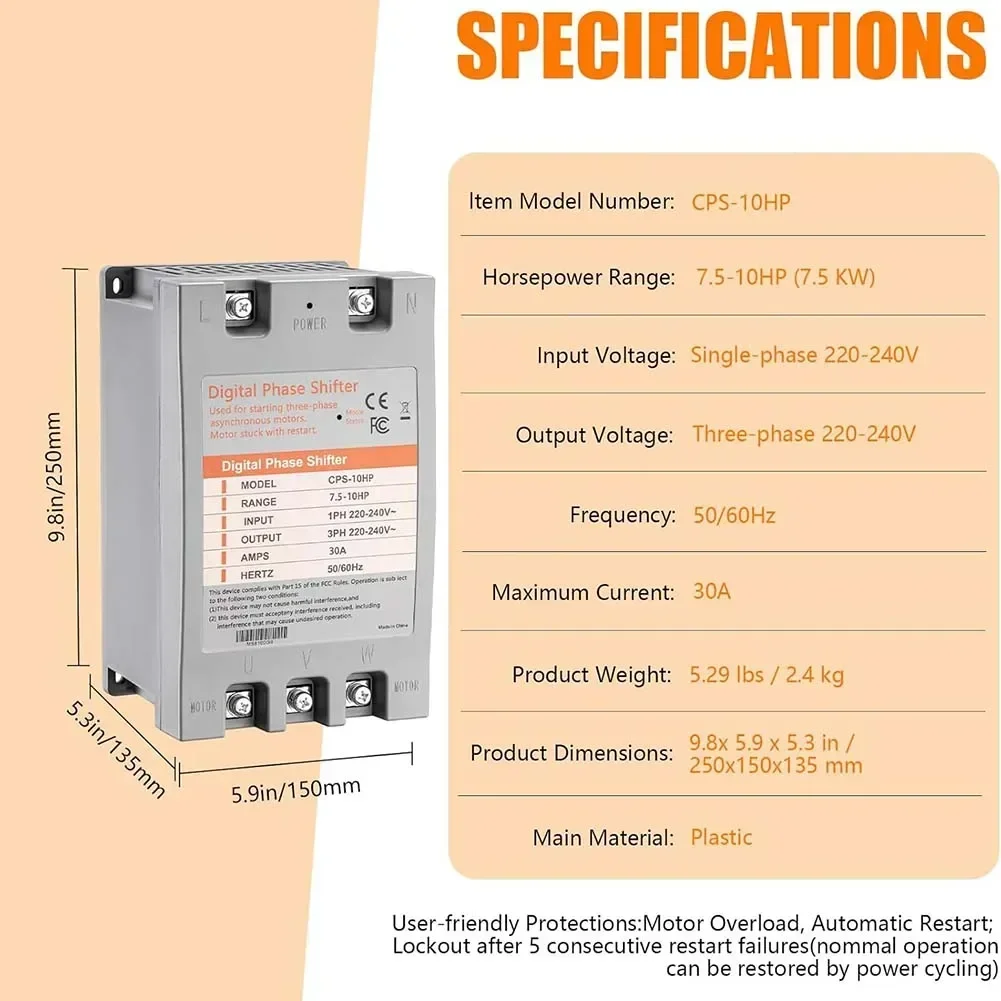 10HP 단상-삼상 변환기 디지털 위상 시프터 30A 220V 도구 액세서리 단상-삼상 변환기