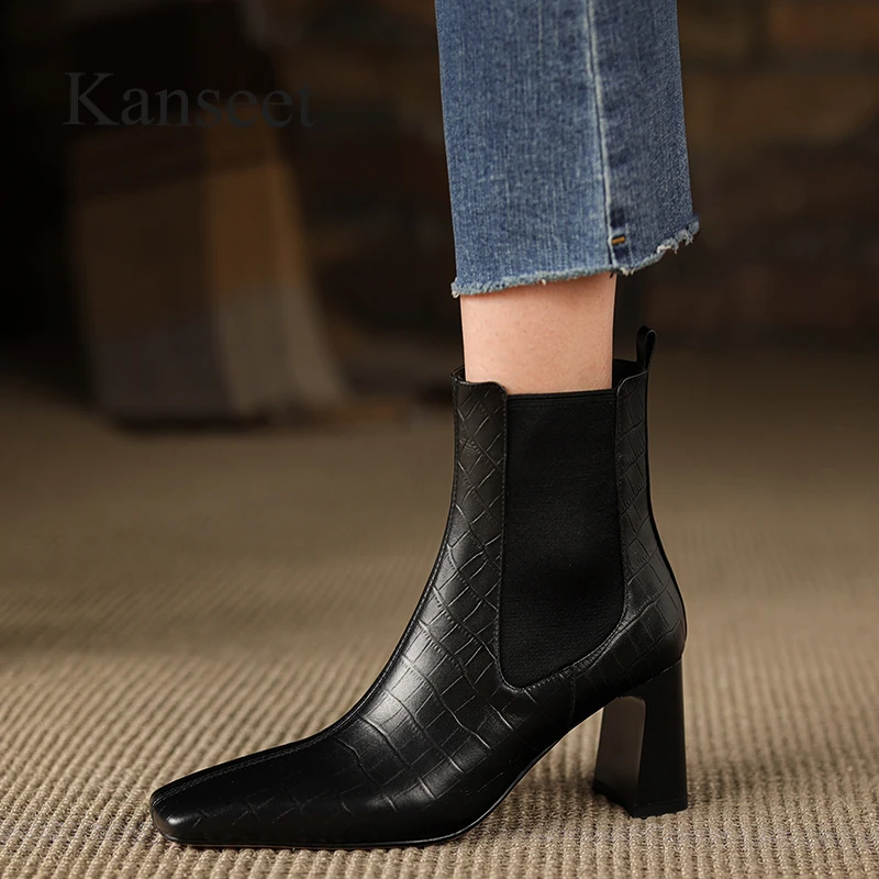

Kanseet Winter Short Boots For Women Square Toe Vintage Real Leather Shoes Elegant Ladies High Heel Elastic Ankle Boots Brown 40